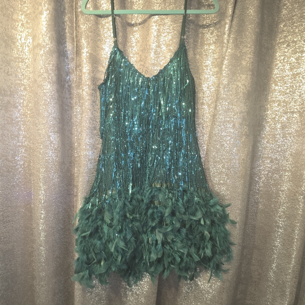 Turquoise Sequin & Feather Party Dress/ Flapper Costume Size M